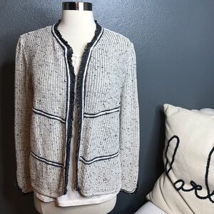 NIC+ZOE Cream Tweed Open-Front Sweater with Black Trim